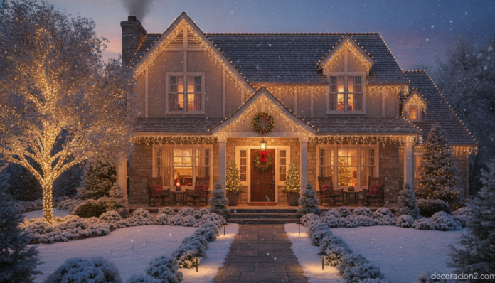 Fachada de casa decorada con luces LED navideñas de color cálido al anochecer