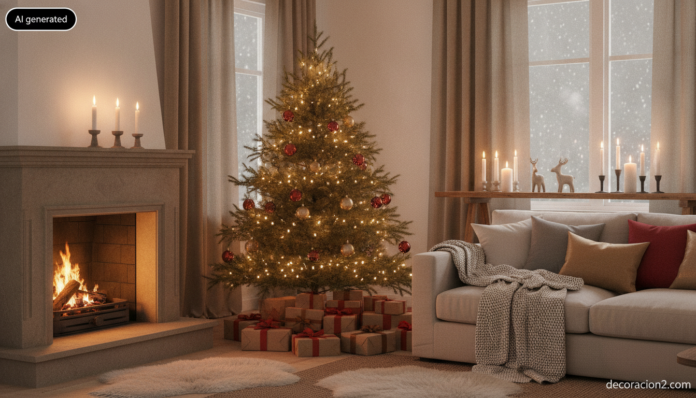 Salón nórdico con decoración navideña de Ikea, luces y árbol