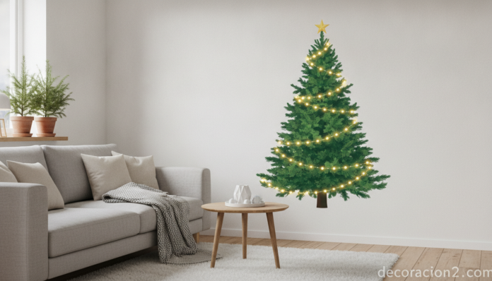 Árbol de Navidad de vinilo adhesivo verde en la pared de un salón pequeño