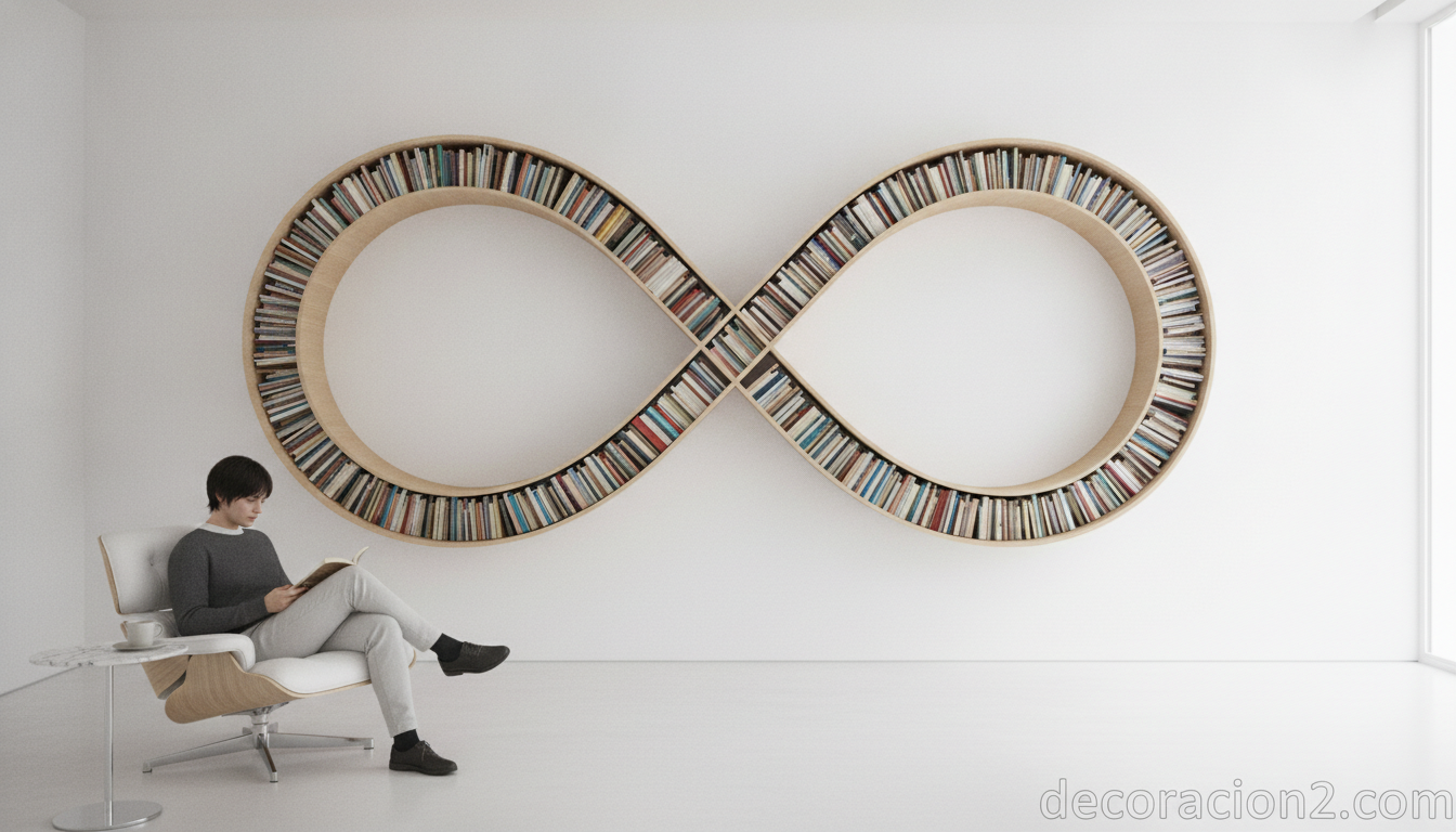 Estantería con forma de símbolo infinito que representa el conocimiento infinito de los libros