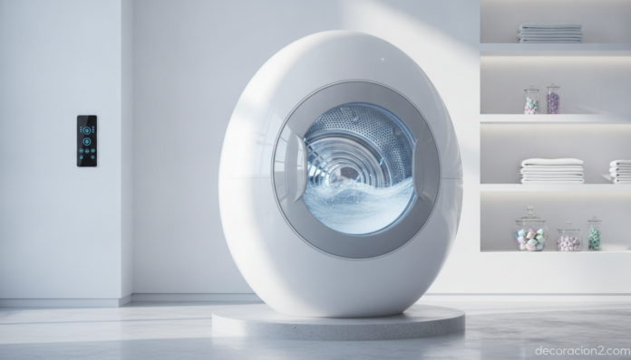 Lavadora de diseño futurista con forma ovoide en una lavandería moderna