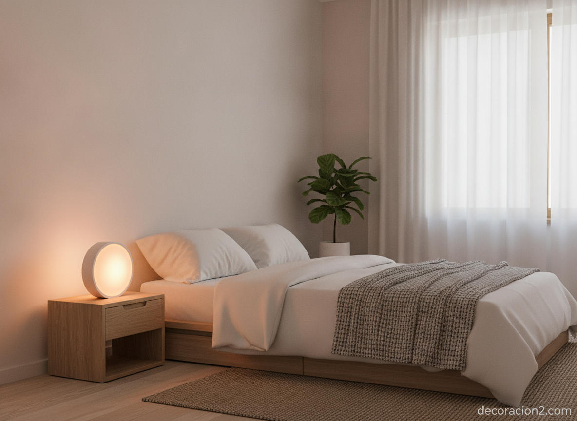 Despertador digital minimalista de luz progresiva en dormitorio nórdico
