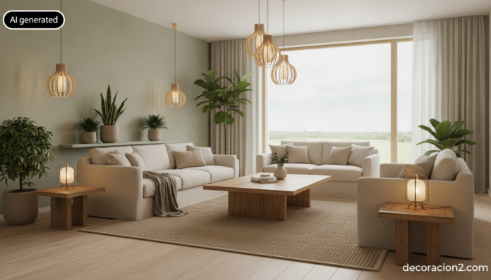Salón con iluminación ecológica y lámparas sostenibles de bajo consumo