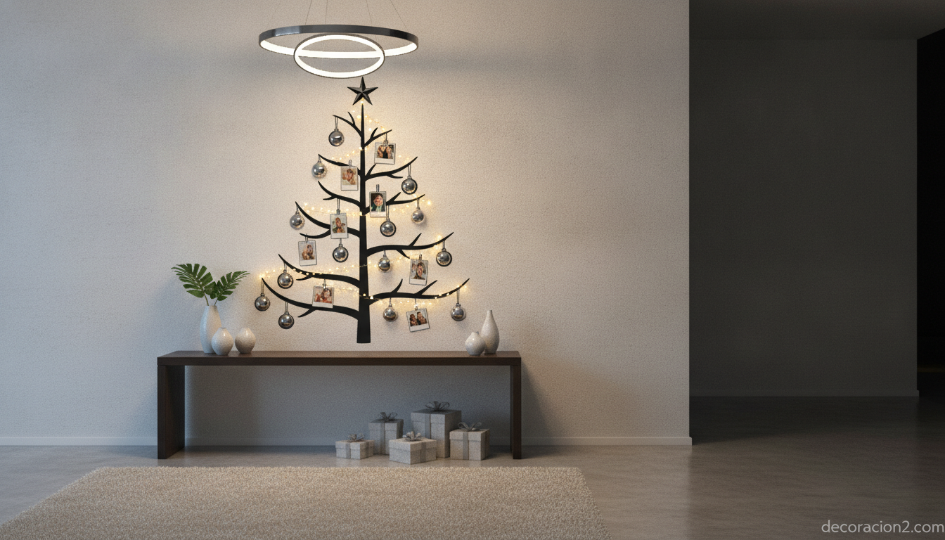 Recibidor decorado con un árbol de Navidad de vinilo negro con luces LED y adornos