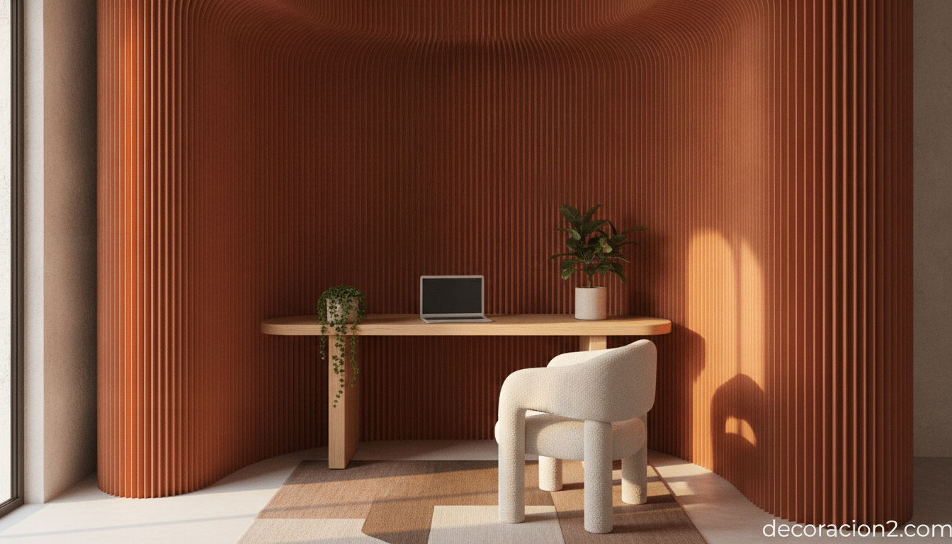 Separadores de ambiente Soft: paneles de papel de diseño para dividir espacios 2 Separador de ambiente de papel de color creando un rincón de trabajo