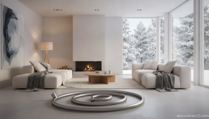 Radiador flexible Ciussai enrollado en un salón moderno de invierno