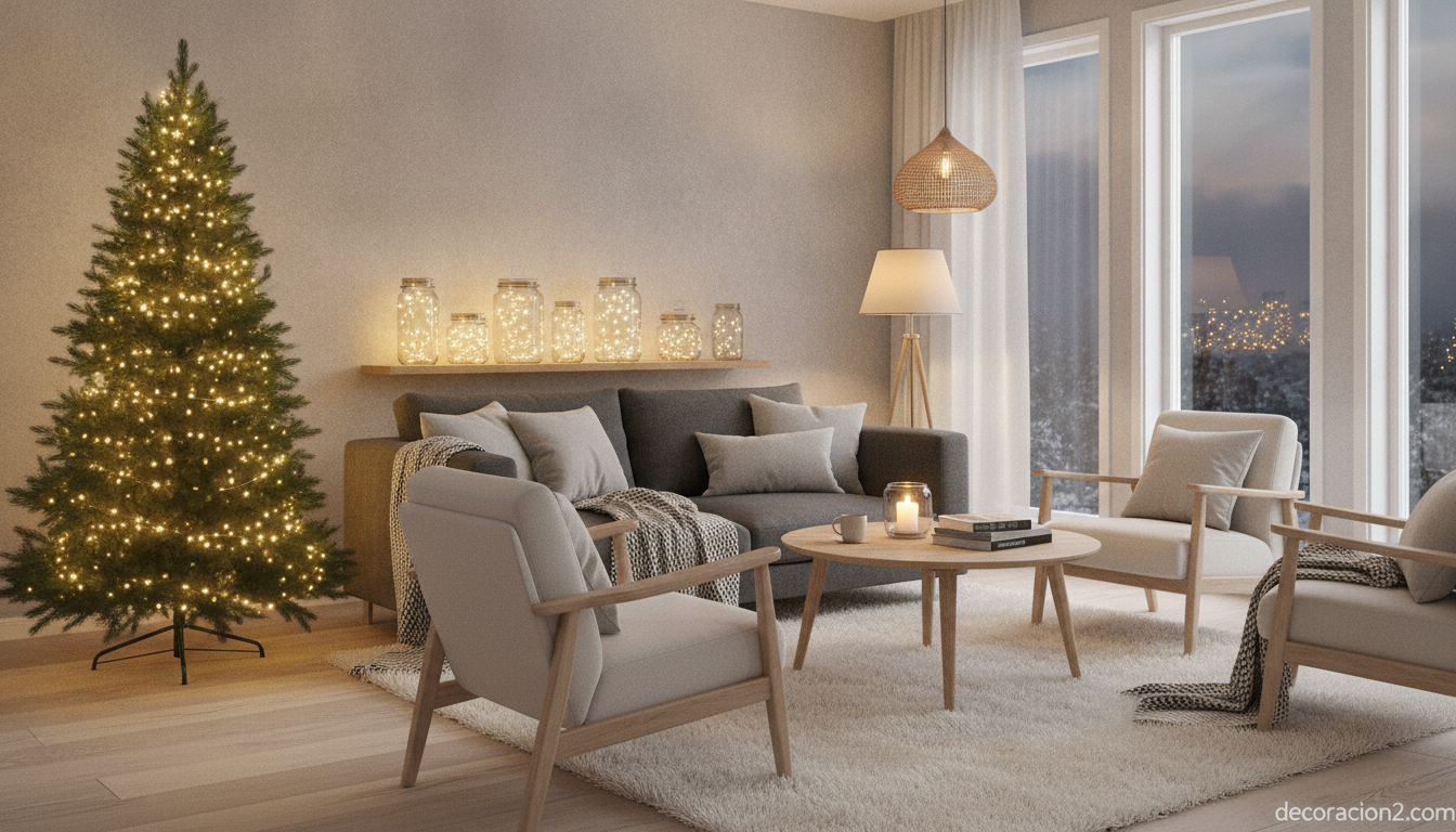Salón nórdico decorado con árbol y guirnaldas de luces LED cálidas