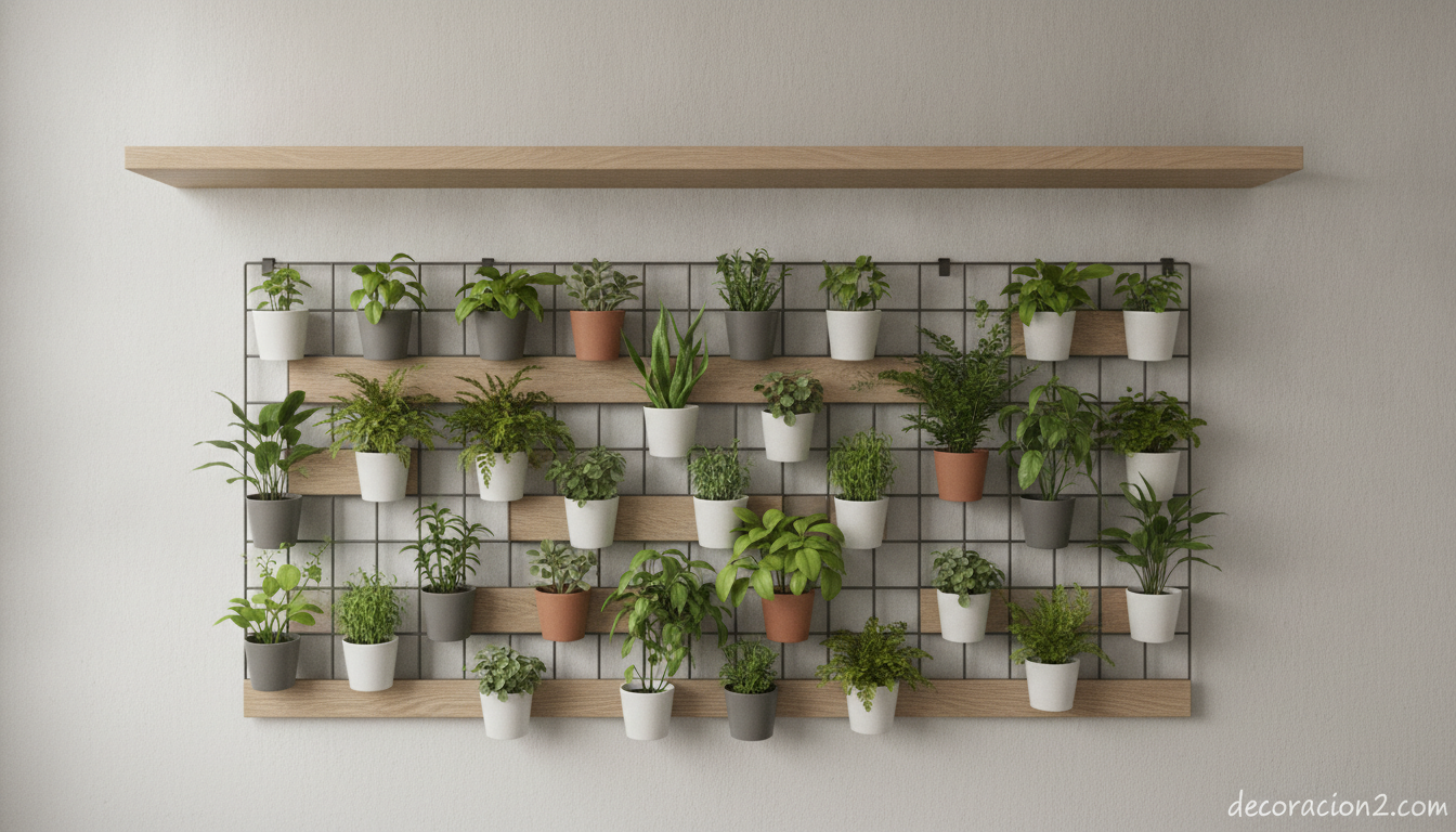 Estantería y jardín vertical con miniplantas en una pared interior