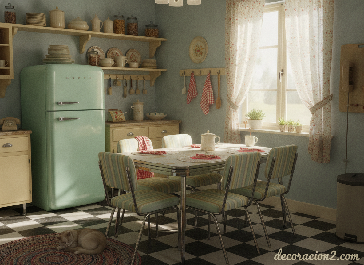 Cocina de estilo retro con nevera vintage y vajilla antigua en baldas abiertas