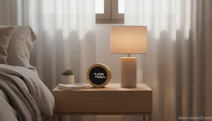 Despertador de diseño sobre la mesita de noche en un dormitorio moderno