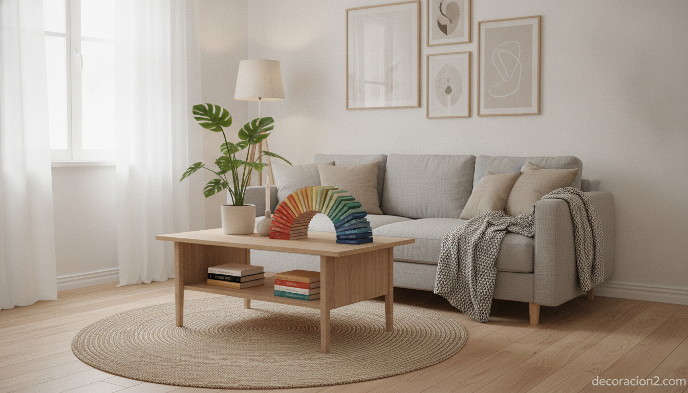 Salón pequeño de estilo nórdico con mesa de café y librería decorada