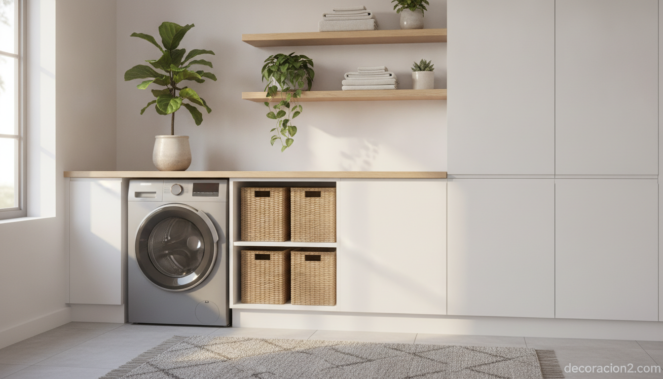 Cuarto de lavado moderno con lavadora de diseño integrada y decoración nórdica