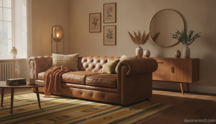 Salón con decoración vintage y muebles retro de estilo mid-century
