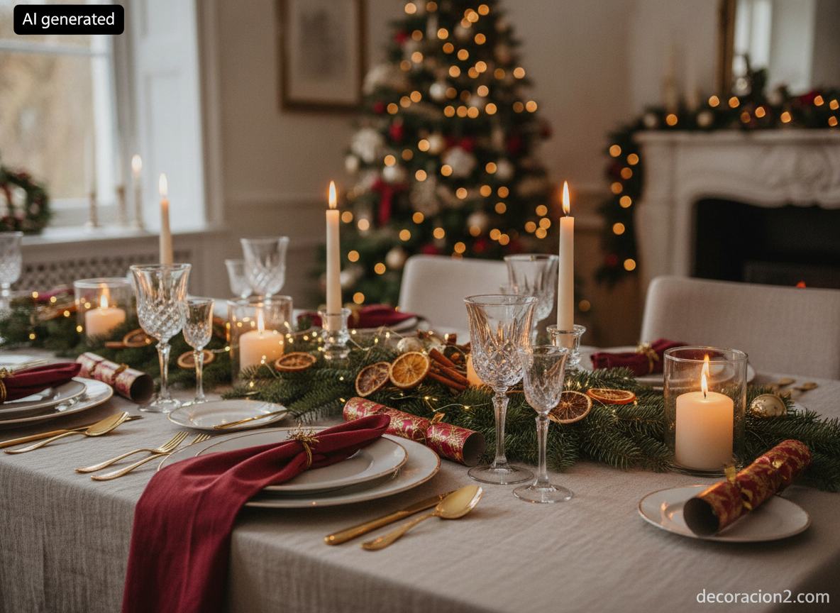Mesa navideña elegante con velas, servilletas doradas y centro natural