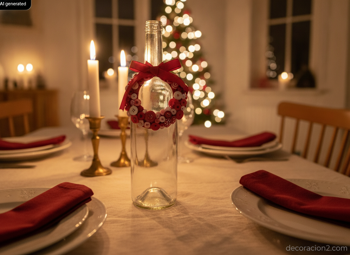 Pequeña corona de botones rojos y blancos atada al cuello de una botella en una mesa de cena de Navidad