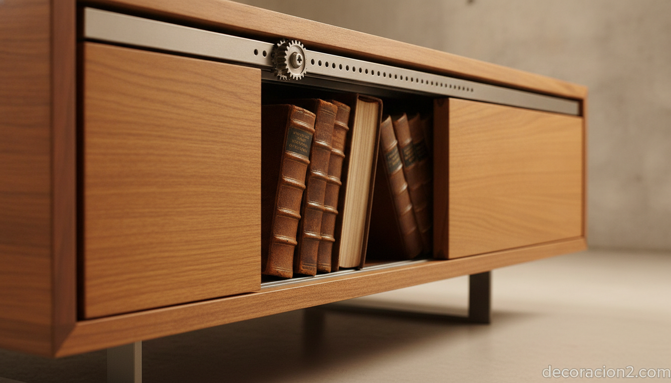 Detalle del mecanismo de raíles de la mesa librería con los libros a la vista