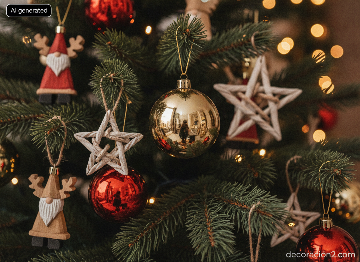 Detalle de adornos navideños de vidrio y madera en el árbol