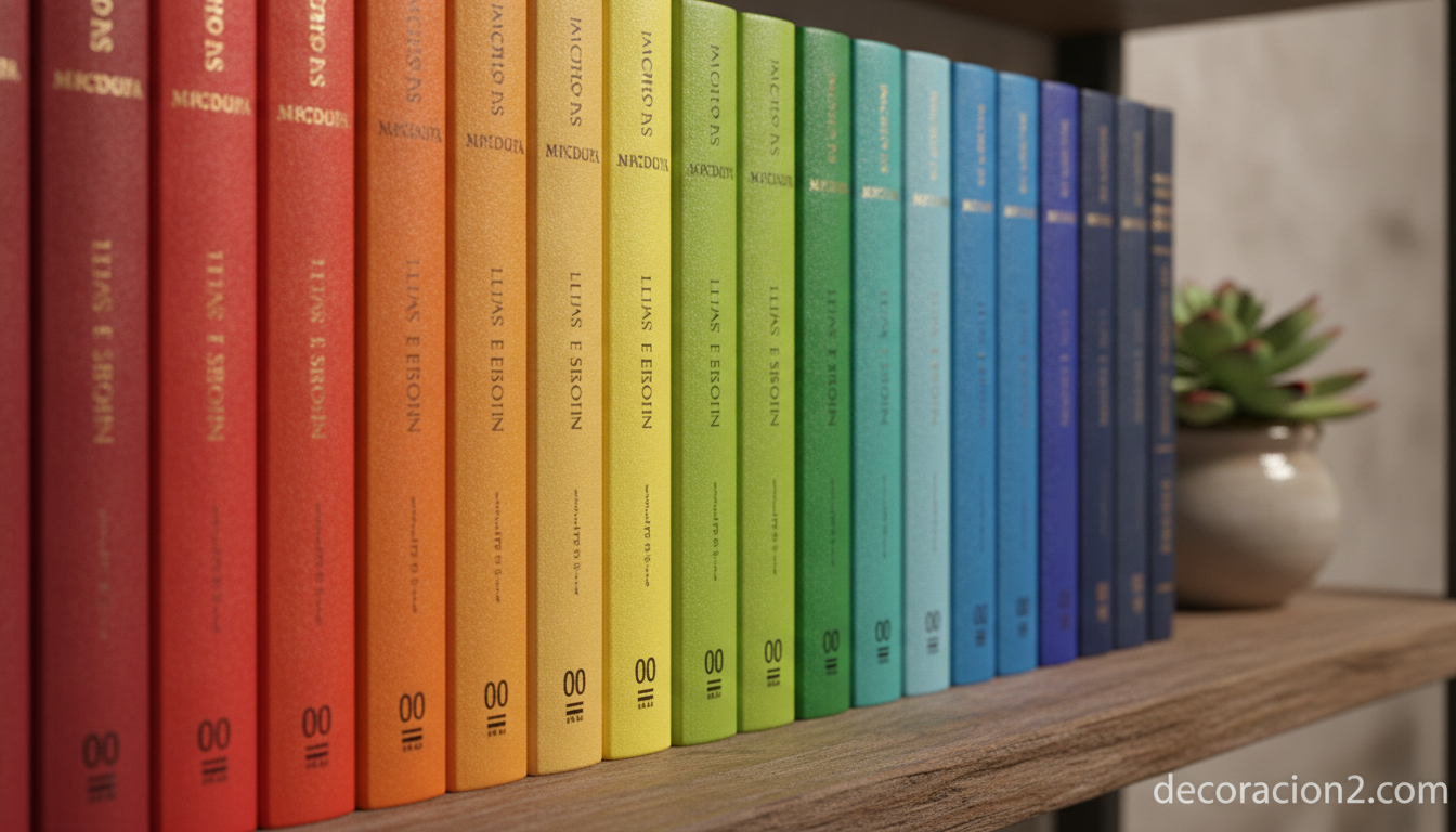 Detalle de lomos de libros ordenados por colores en una estantería de madera