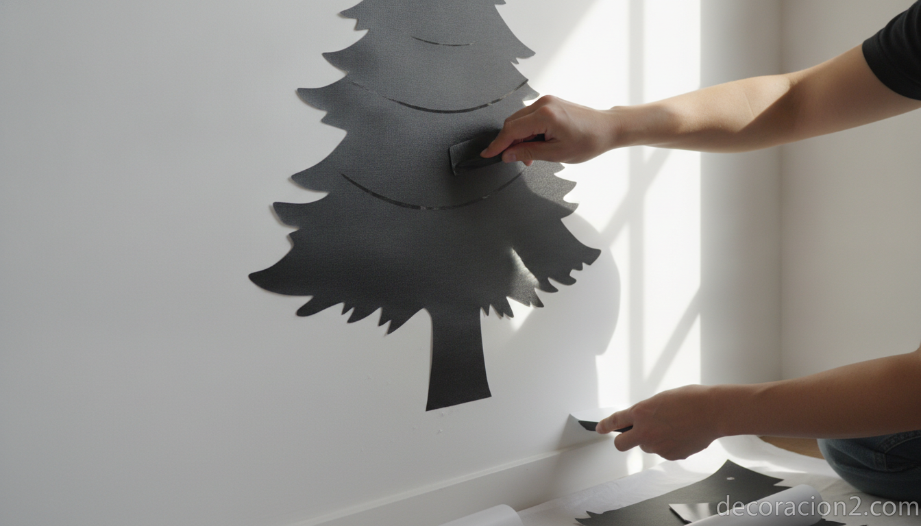 Detalle de la colocación de un vinilo adhesivo de árbol de Navidad negro sobre la pared