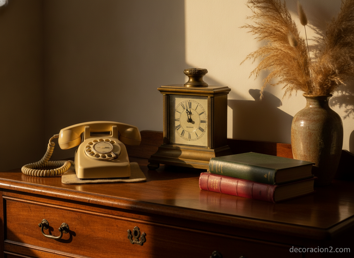 Detalle de objetos decorativos vintage sobre cómoda de madera restaurada
