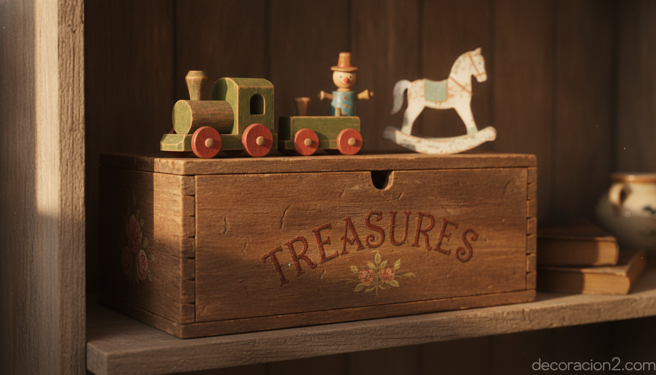 Detalle de juguetes de madera vintage y baúl restaurado en la habitación infantil
