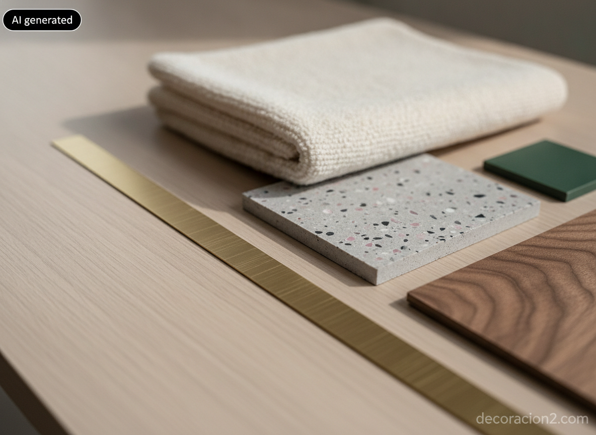 Muestrario de materiales de interiorismo con latón cepillado, terrazo, tejido bouclé, cerámica verde mate y chapa de nogal