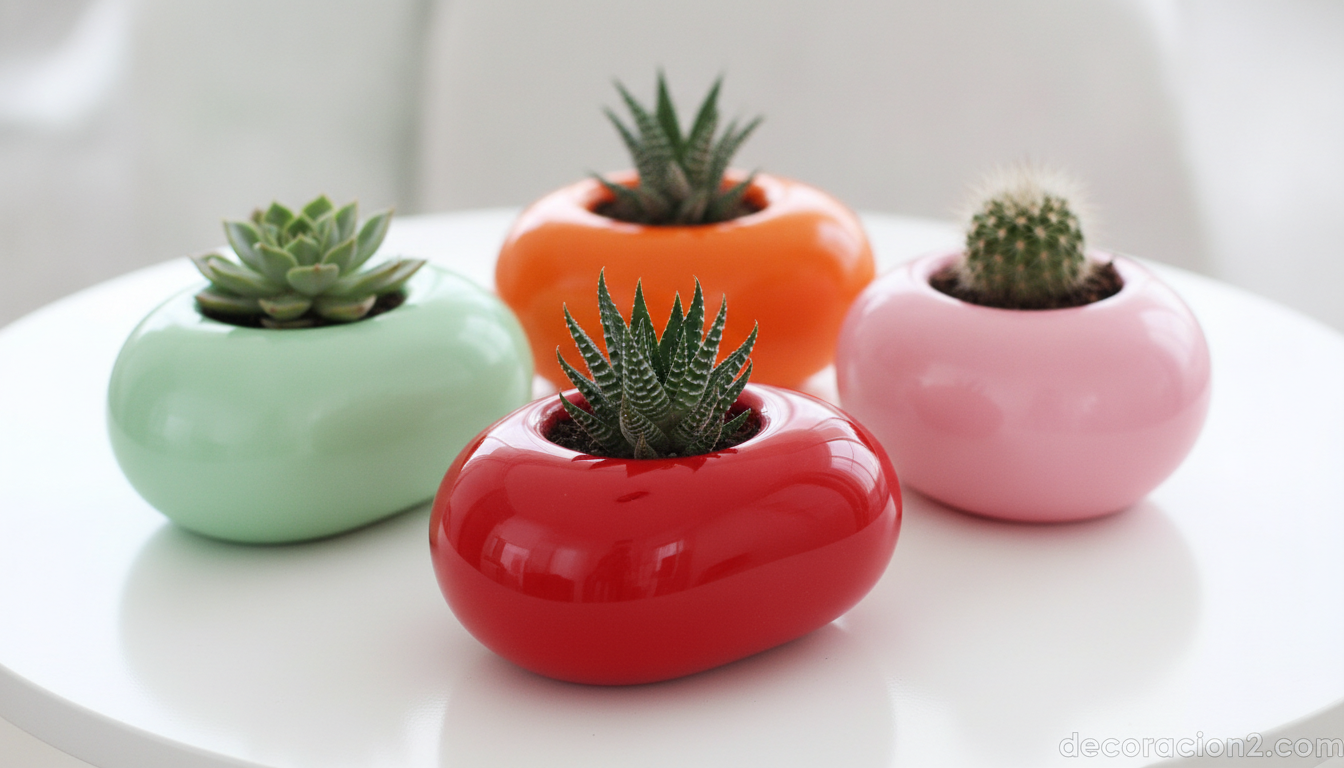 Macetas de diseño de colores en resina con pequeñas suculentas