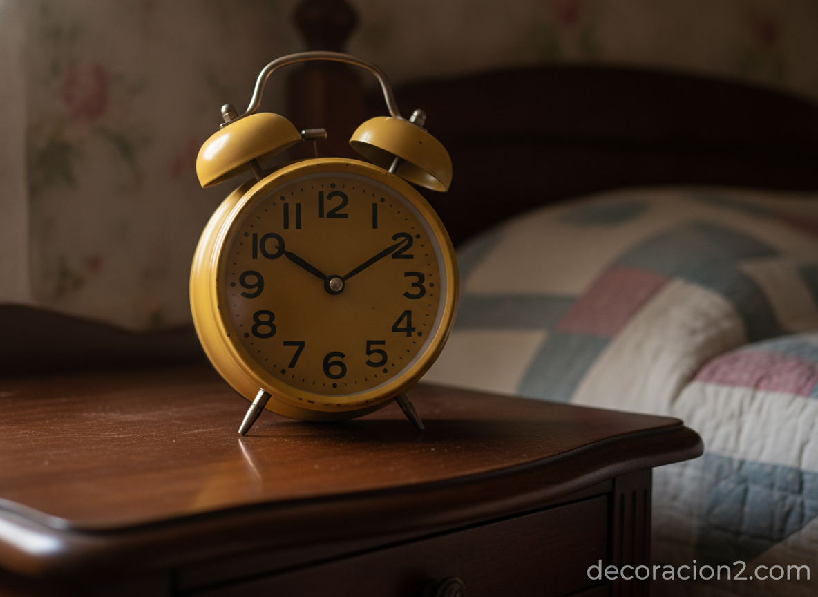 Despertador retro de doble campana en color mostaza sobre mesita de madera