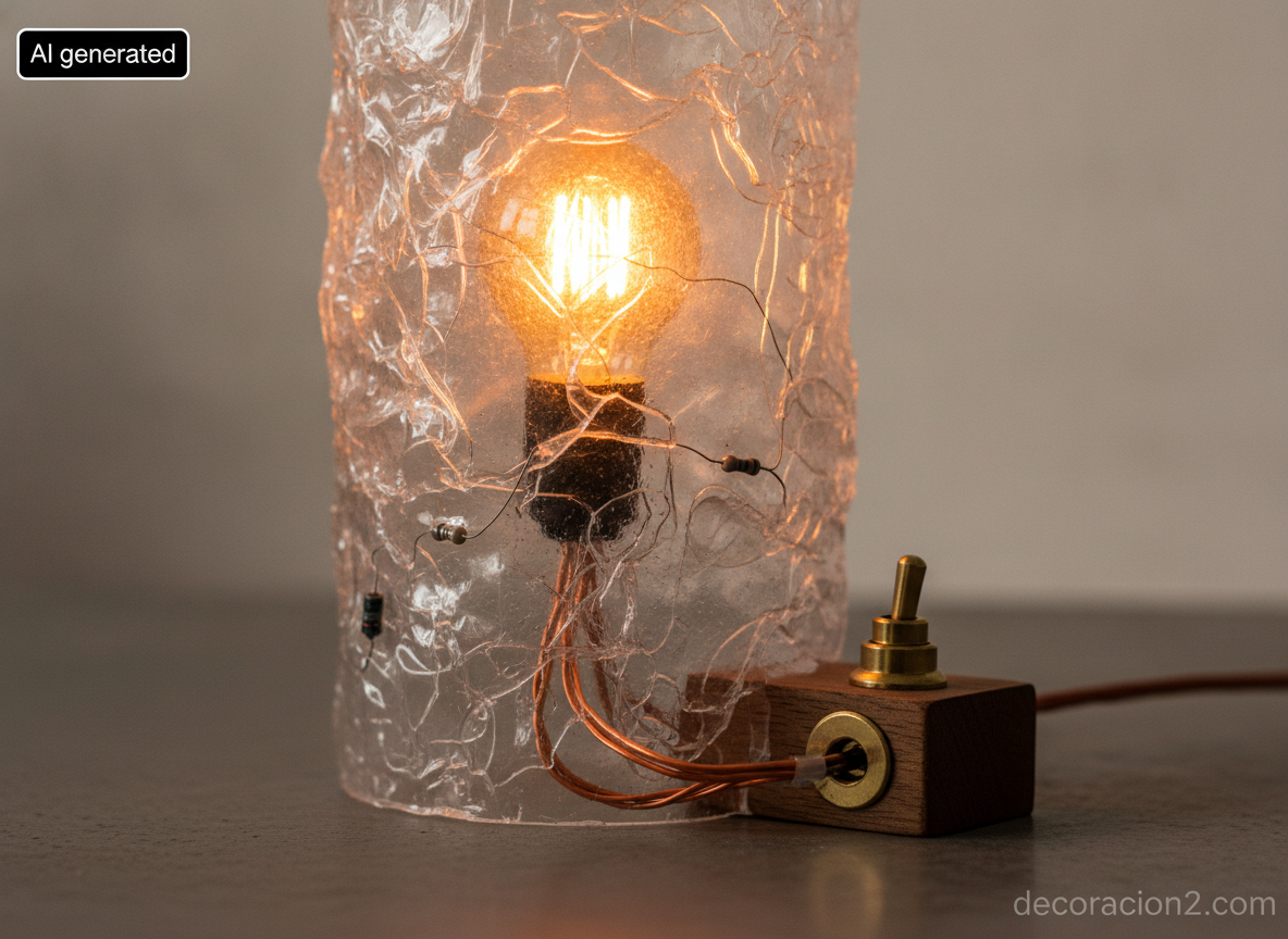 Detalle de bombilla LED en lámpara de plástico reciclado