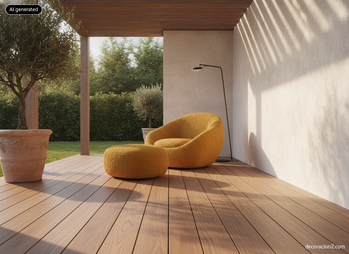 Butaca envolvente en amarillo mostaza con pouf a juego en una terraza de madera al atardecer