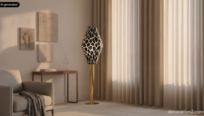 Lámpara de cristal de Murano con estampado de jirafa en un salón de tonos neutros