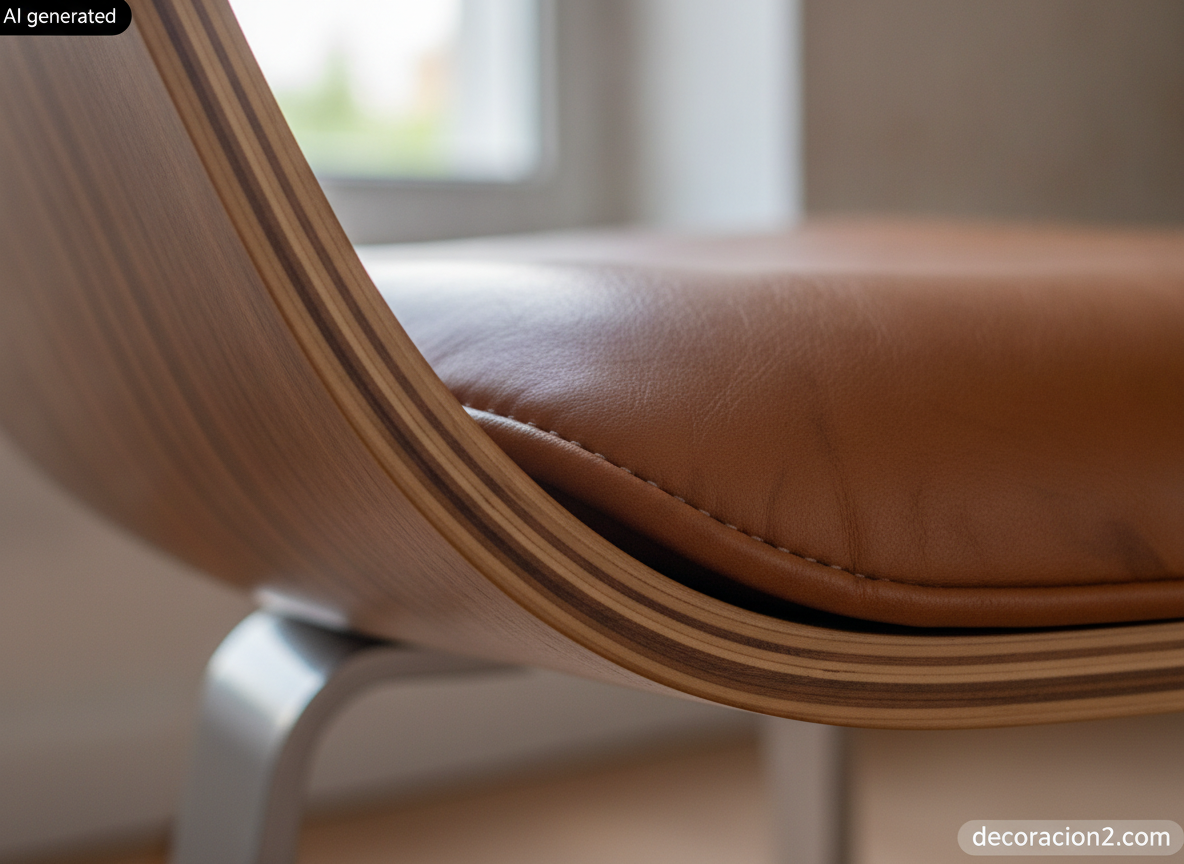 Silla RIN de Fritz Hansen: la carcasa japandi de Hiromichi Konno, medidas, precios y cómo integrarla 5 Detalle macro del canto laminado de contrachapado y del asiento de cuero color caramelo de la silla