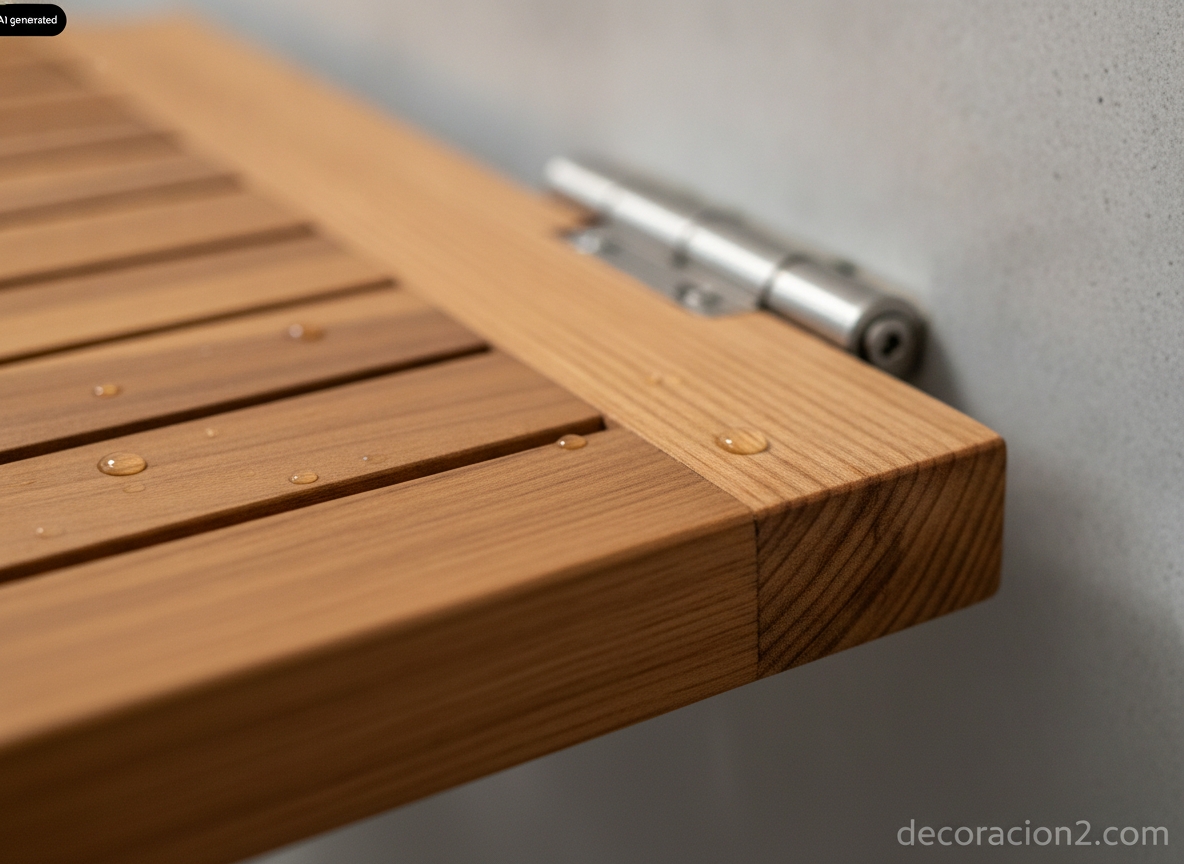 Detalle macro de las lamas de teca aceitada y la bisagra de acero inoxidable de la tapa del baño