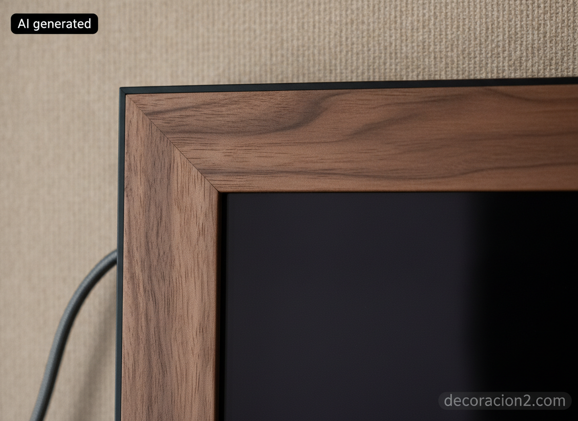 Detalle en primer plano de la moldura de nogal y el acabado mate de la pantalla de un marco digital