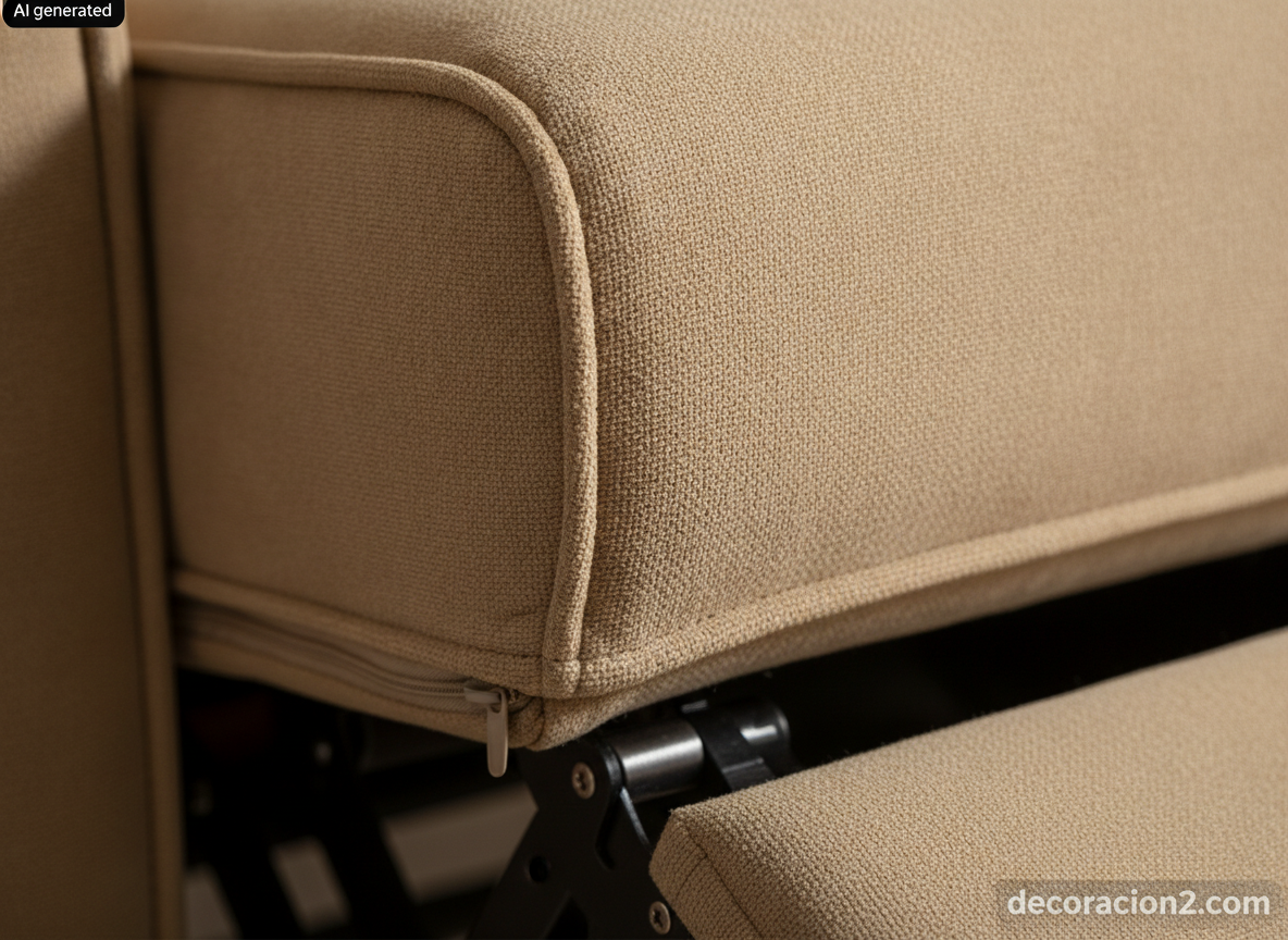 Detalle macro de la costura, la chenilla y el herraje de acero de un asiento tapizado