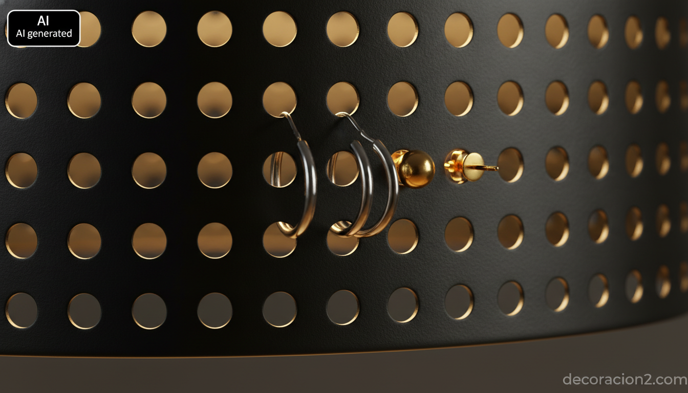 Detalle macro de los agujeros de una pantalla metálica negra con dos aros de plata y un pendiente dorado insertados