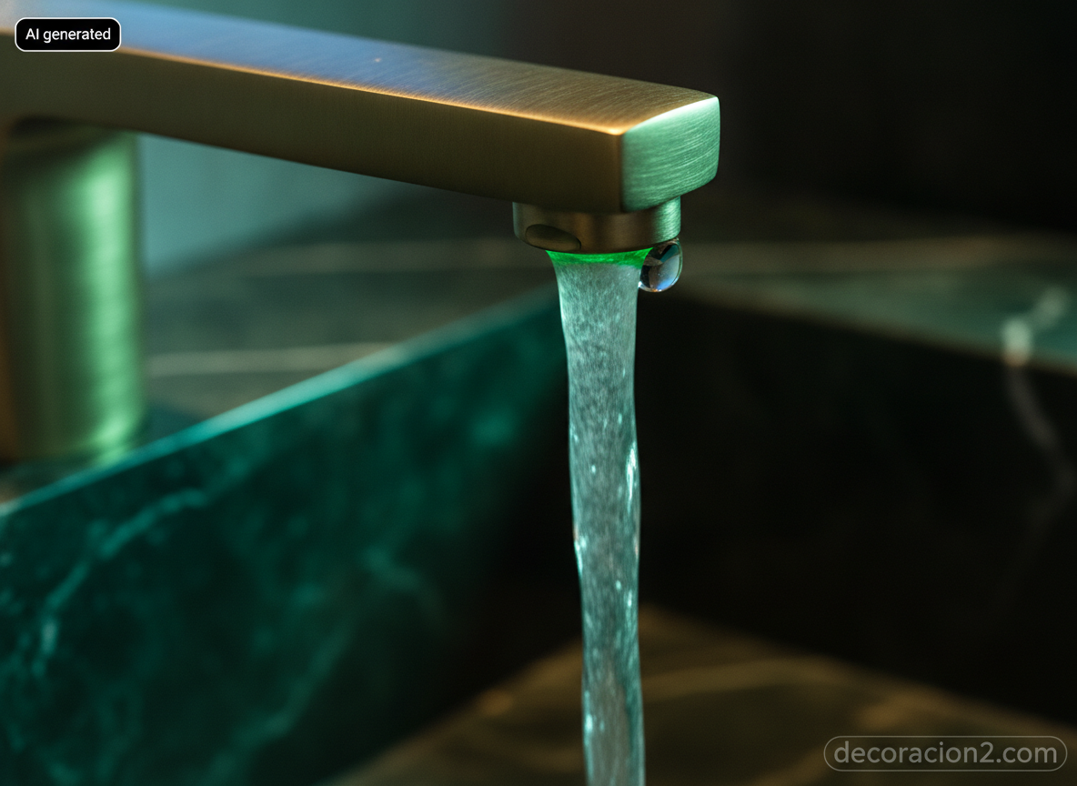 Detalle macro del aireador de un grifo de latón cepillado con luz LED verde en el chorro de agua