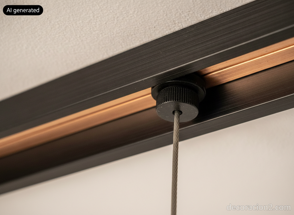 Detalle macro del tensor de acero y el perfil de aluminio negro de un raíl de luz