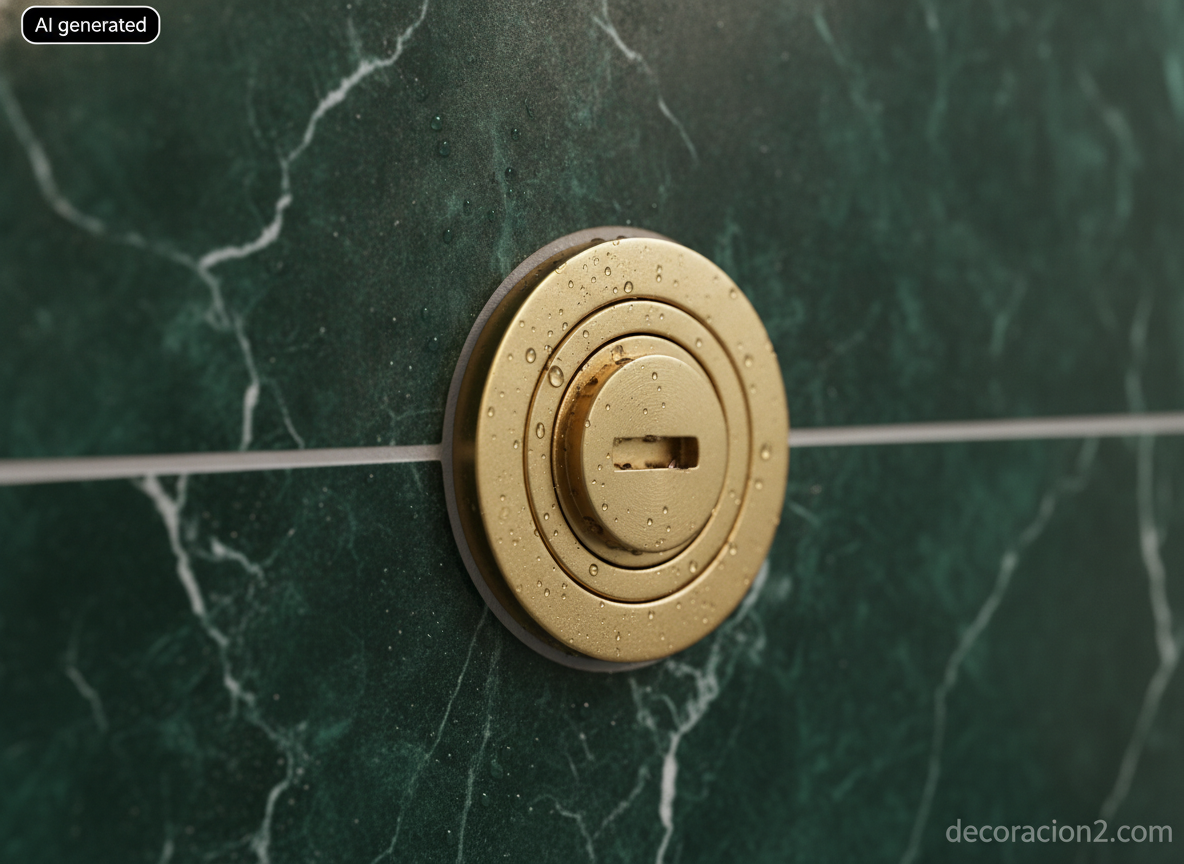 Cabina de ducha de hidromasaje y vapor: cómo montar un spa en casa que funcione de verdad 1 Detalle macro de un chorro de hidromasaje en latón cepillado empotrado en azulejo porcelánico verde