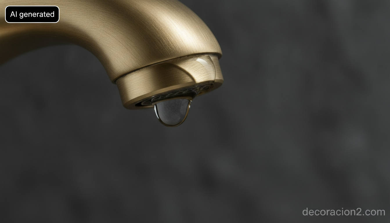 Detalle macro del acabado en latón cepillado de un caño con el agua deslizándose por el borde