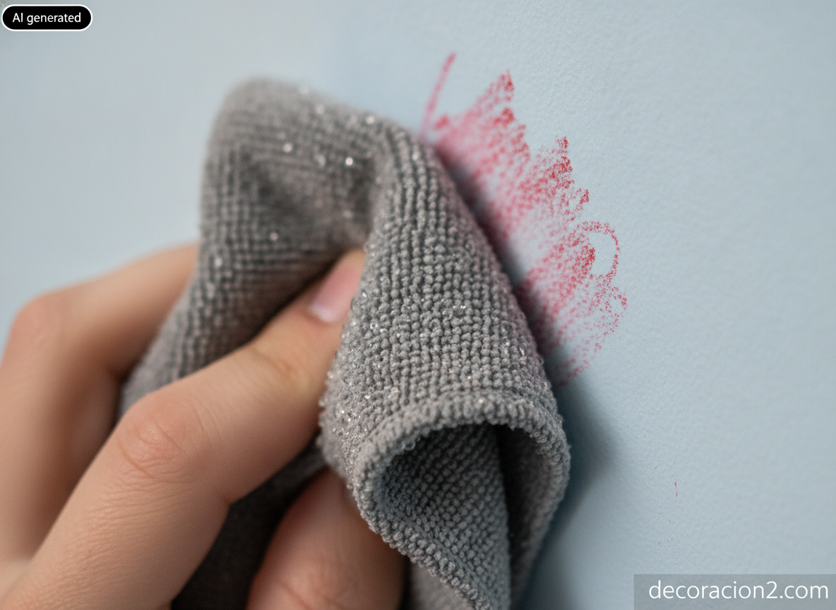 Primer plano de un paño de microfibra limpiando un garabato de cera sobre una pared azul mate