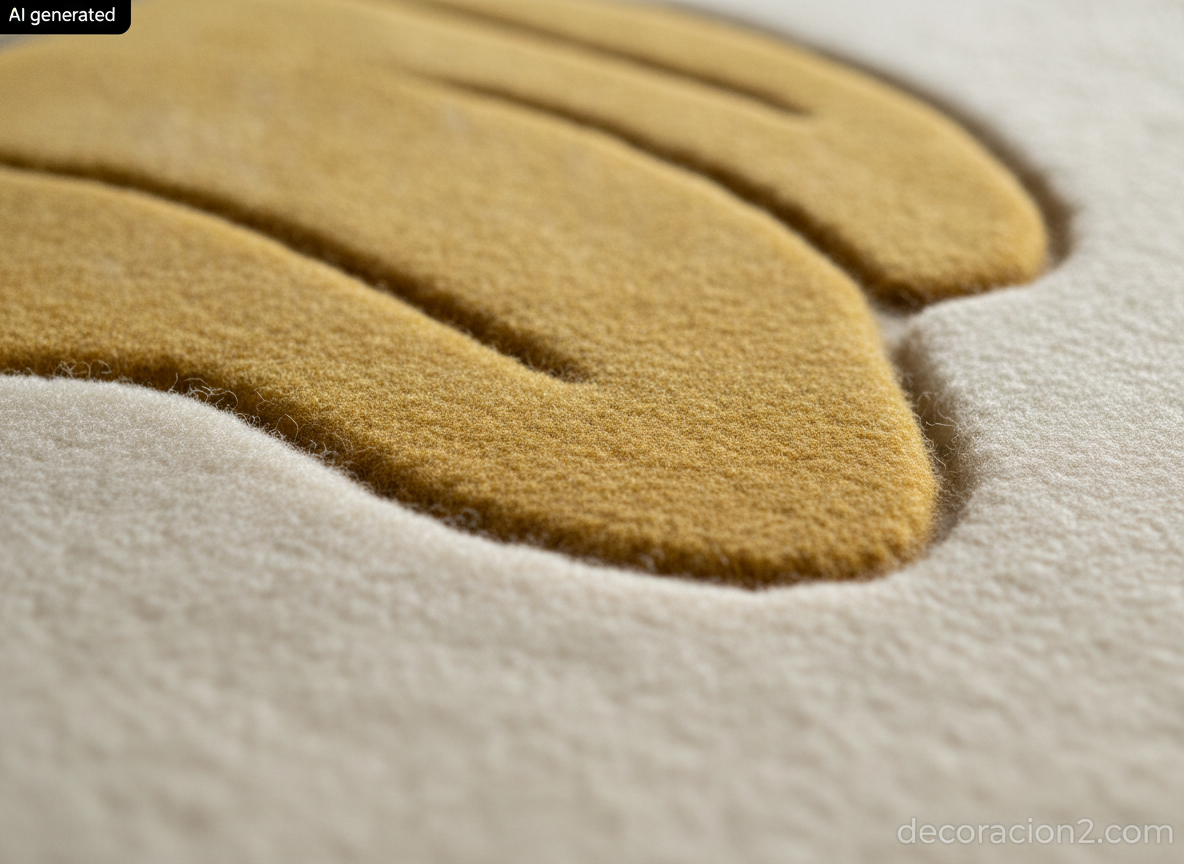 Alfombras originales: guía para elegir formas divertidas sin que canten 5 Detalle macro del pelo de lana esculpido de una alfombra tufteada a mano en mostaza y crudo