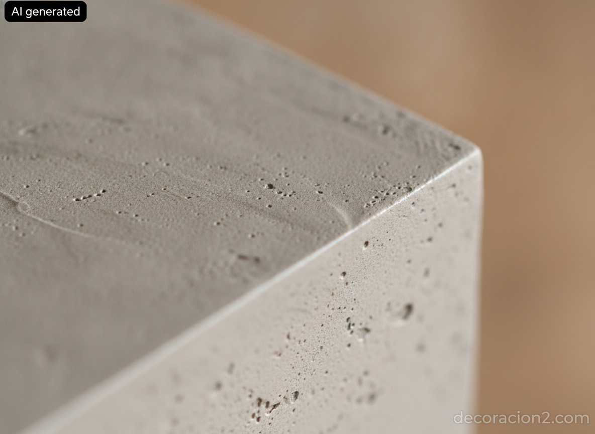 Detalle macro de la textura del microcemento pulido en el canto biselado de una encimera