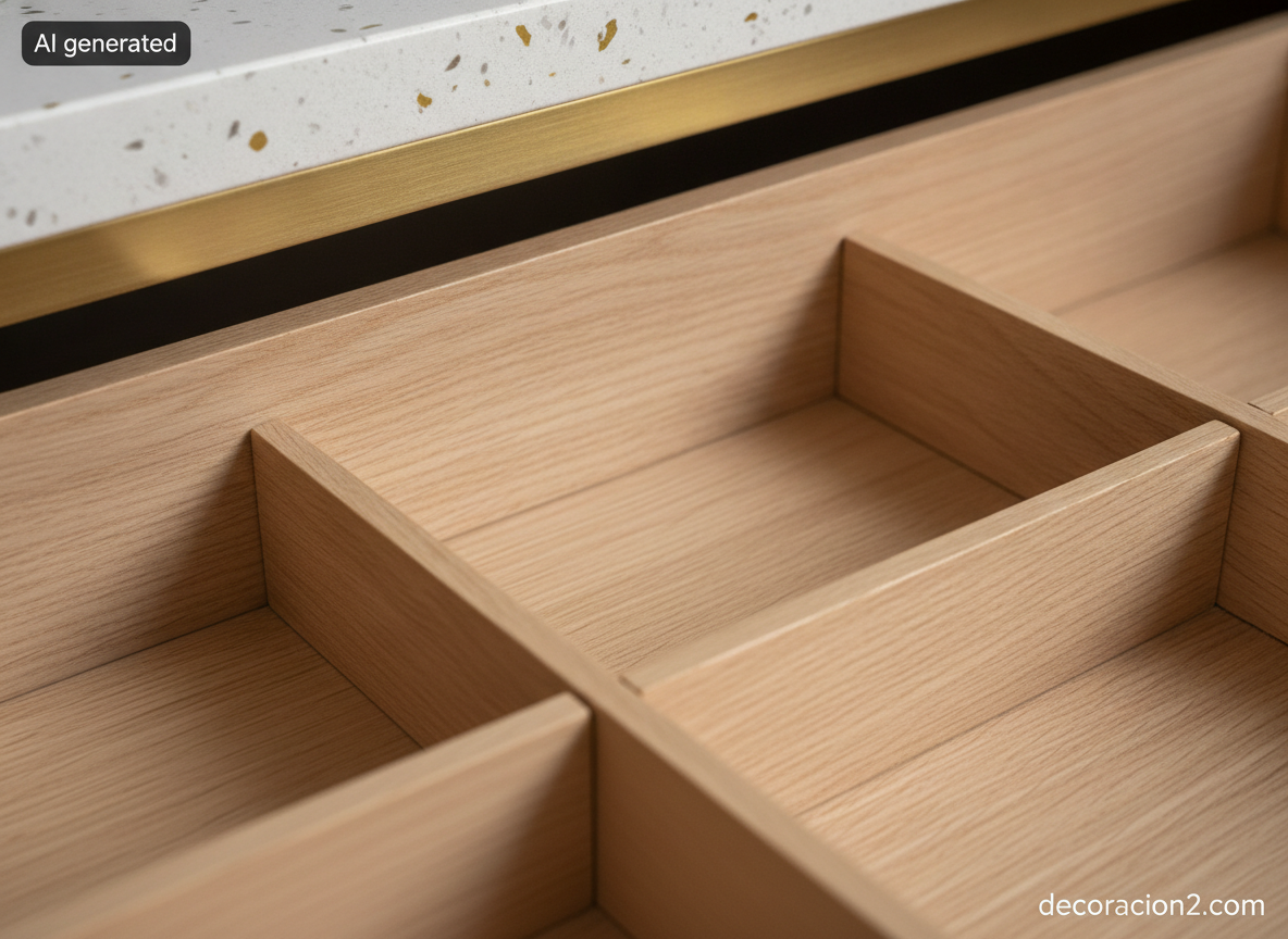 Detalle del interior de un cajón de cocina con separadores de roble y canto de encimera de cuarzo