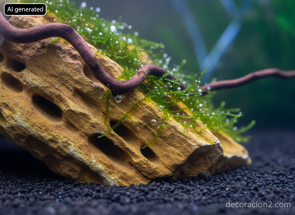 Detalle macro de roca Dragon stone con musgo y madera de manzanita en el interior de un acuario
