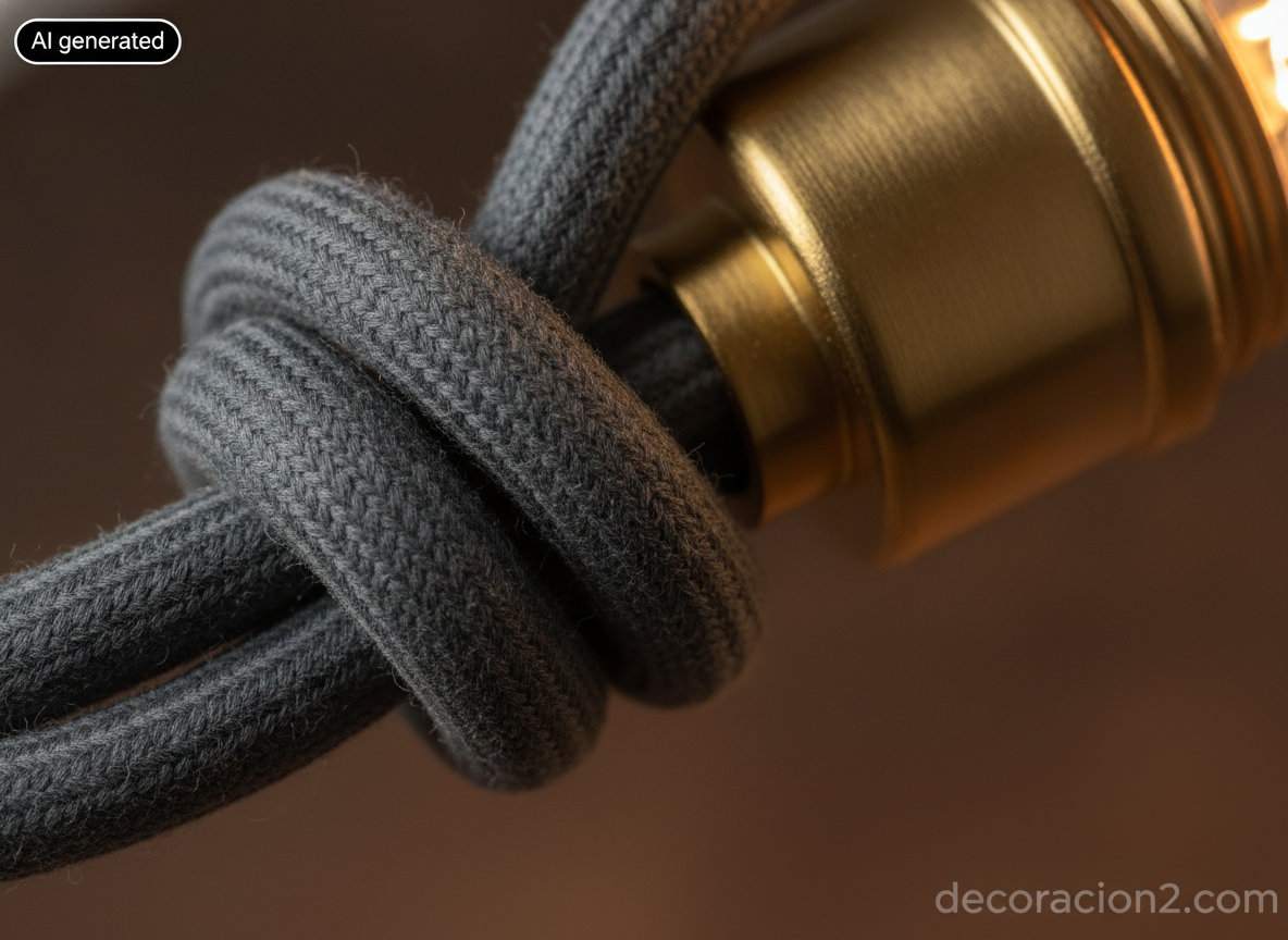 Lámparas escultóricas de cable enredado: cómo elegir la pieza que manda en la habitación 1 Detalle macro del cable textil trenzado y el casquillo de latón cepillado de una lámpara colgante
