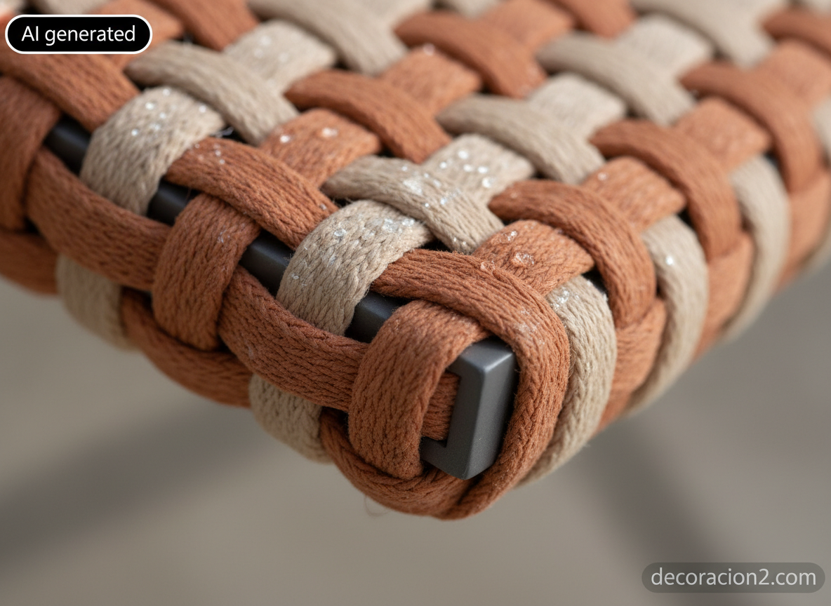 Detalle macro del tejido de cuerda trenzada a mano con hilos en tono terracota y crema sobre estructura de aluminio