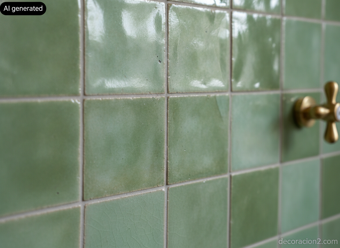 Detalle de azulejo zellige artesanal verde salvia con esmalte irregular junto a un mando de cruceta en latón cepillado