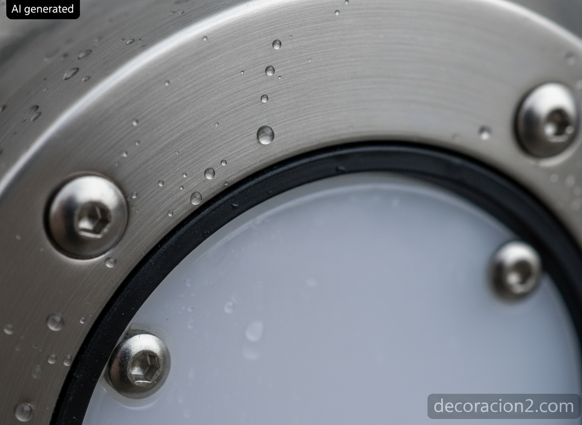 Detalle macro del cuerpo de acero inoxidable cepillado con gotas de lluvia, junta negra y difusor opal