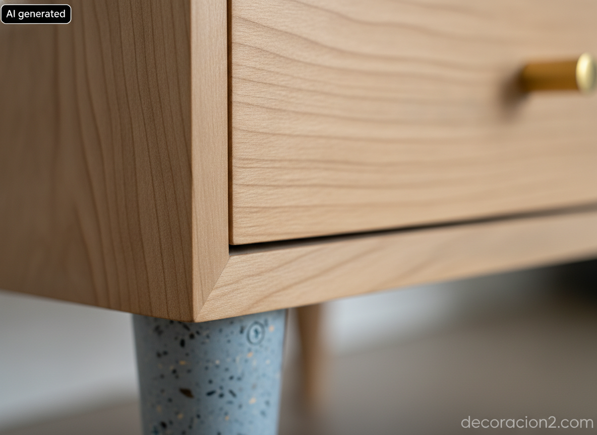 Mesitas de noche de diseño: guía para elegirlas bien (medidas, materiales y precios) 7 Detalle macro del canto de madera de haya y una pata cónica de plástico reciclado azul
